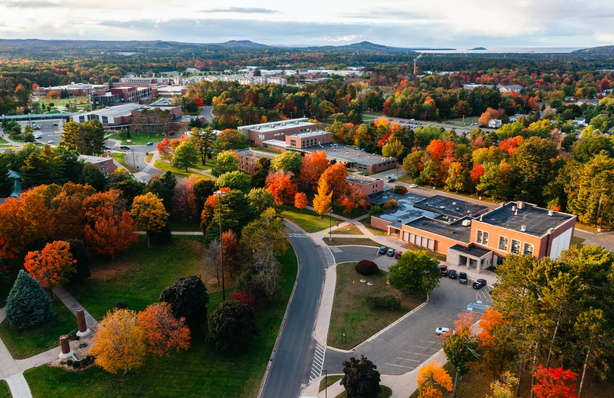 Aerial view of the NMU campus during the fall.